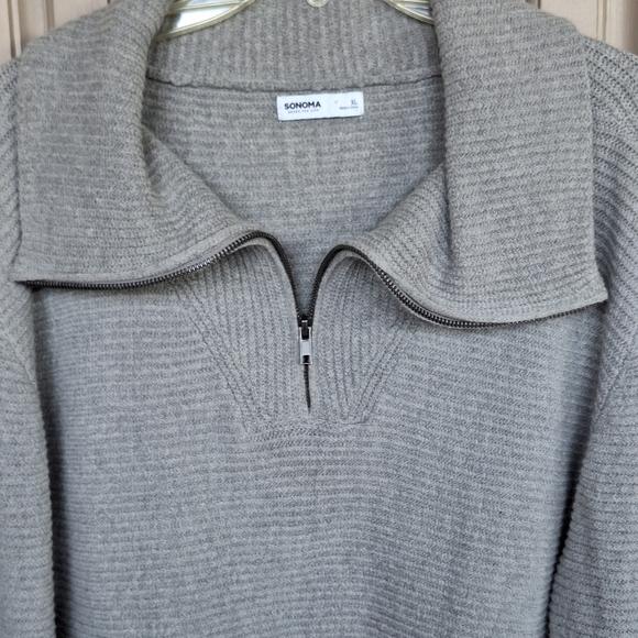 Sonoma Sweater Gray SzXL 1/4Zip Wide Collar /Cuffs Long Sleeves Hem Slit Sides - Picture 2 of 12